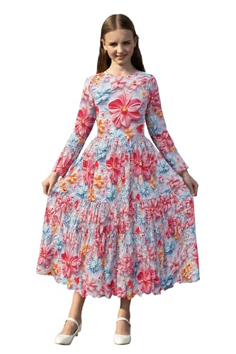 RONGTAI Girl Layered Swing A-Line Long Sleeve Dress Lightweight Casual 5D Printed Party Dresses for Little Kids 6-13Y2