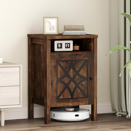 GOFLAME Robot Vacuum Storage Cabinet, Retro Sofa Side End Table with Hidden Robotic Vacuum Cleaner Storage & Open Compartment, Sweeping Robot Stand Cabinet for Living Room (Rustic Brown)