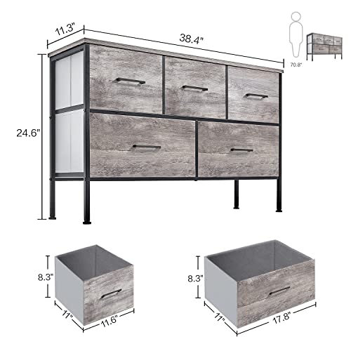 5 Drawer Dresser Long Wide Chest of Drawers Nightstand with Wood Top Rustic Storage Tower Storage Dresser Closet for Living Room, Bedroom, Hallway, Nursery, Kid