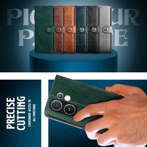Image of WOW IMAGINE Shock Proof Flip Cover Back Case for Vivo V60 5G | V60e 5G | Vivo T4 Pro 5G (Magnetic Button Flip Case | Wallet Pockets & Stand | Leather Finish | Forest Green)