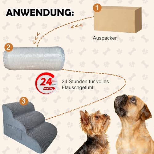 3-stufige Hundetreppe für Kleine Hunde mit Waschbarer Hülle, 2 Aufbewahrungstaschen & Tragegriff - Hochdichte Schaumstoffstufen, Rutschfester Bezug - Grau