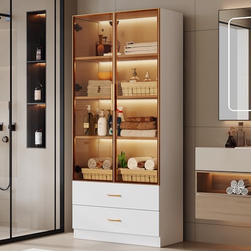Zravenna Glasvitrine,75 cm Breit mit 2 großen Schubladen und 2 Türen, Glas tür Schrank für Wohnzimmer Büro Sammlerstücke Bücher Wein & Badezimmer. (Weiß) Zravenna Glasvitrine,75 cm Breit mit 2 großen Schubladen und 2 Türen, Glas tür Schrank für Wohnzimmer Büro Sammlerstücke Bücher Wein & Badezimmer. (Weiß)