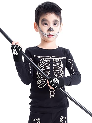 Bencailor 2 Pairs Halloween Glow in the Dark Fingerless Gloves Skeleton Knitted Skull Gloves Cosplay Costume Accessories2