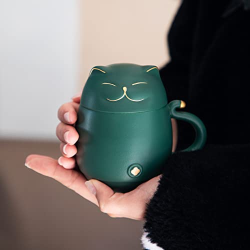Heer Ceramic Tea Cup With Infuser And Lid, Cute Lucky Cat Coffee Mug Gift For Cat Lovers, Chinese Loose Leaf Tea Steeper. (Green) #TOP1
