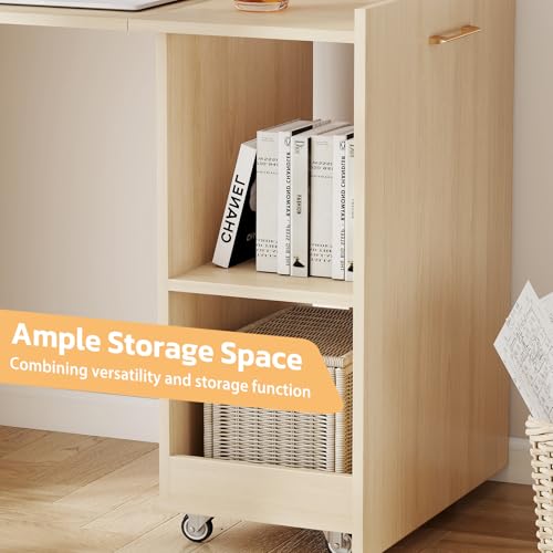 Image of Zevemomo Folding Desk, Convertible Table with Shelves & Wheels - Beige