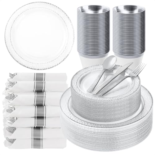 Bestluck 350PCS Clear Plastic Plates with Silver Trim for 50 Guests, Disposable Dinnerware Set for Party & Wedding, Includes 100 Plastic Plates, 50 Pre Rolled Napkins with Silver Silverware, 50 Cups