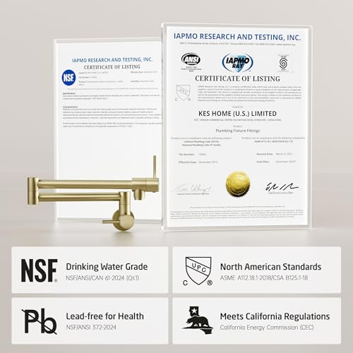 Kes KN926LF-BZ-191024 Kitchen Gold Pot Filler Folding Faucet Brass Double Joint Swing Arm Sink Faucet Articulating Wall Mount Two Handle Brushed Gold thumb #3