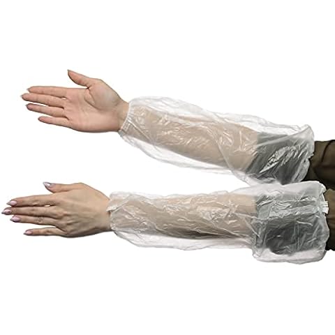 AMAZING Disposable Clear Oversleeves 18". Pack of 100 Embossed Plastic Waterproof PPE Arm Covers with Elastic Wrist, Elbow. Polyethylene 1 Mil Protective Sleeves for Work in Food Service, Industrial Cover