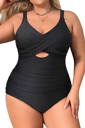 Daci Black Plus Size One Piece Swimsuits - Tummy Control Bathing Suit for Women Cutout Swimwear 18W