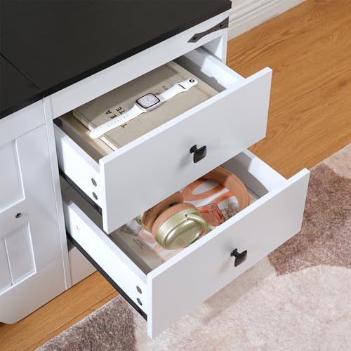 HOOBRO Wooden Toy Storage Bench, 120cm Storage Chest with Dual Drawers, Large Shoe Bench Storage Chest Trunk with Safe Hinge, Extra-Long Thick Top, Easy Assembly, White and Black WB212CW01UK - Image 5
