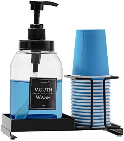 Summark Mouthwash Dispenser for Bathroom,Mouth Wash Pump Bottle with Stainless Steel Cup Holder,24 OZ Refillable Clear Mouthwash Container,BPA Free,Black