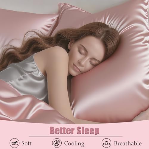 Mulberry Silk Pillow Cases with Zipper, Ultra Smooth Soft Breathable Cooling Pillow Cases for Hot Sleepers, Silk Satin Pillowcase for Hair and Skin, Gifts for Women (Pink, Standard Size, 1 Pack)