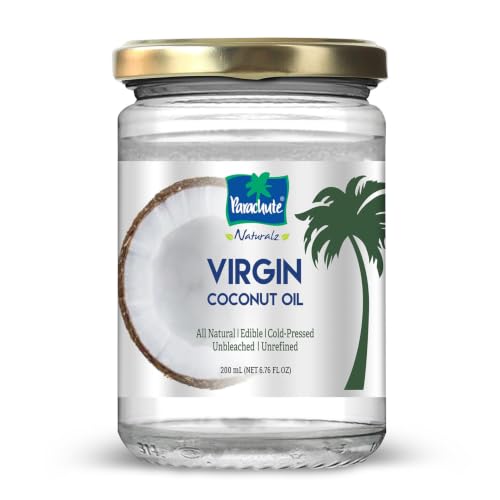 Parachute Naturalz Virgin Coconut Oil | Cooking Oil, Hair Oil, Body Oil &amp; Oil Pulling | Cold Pressed | Unbleached | Unrefined | Non-Hydrogenated | MCT Oil | 6.7 Fl. Oz. | Glass Jar