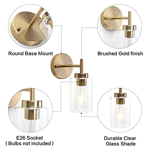 Image of Gold Wall Sconces Set of Two, Brass Gold Vanity Lights for Bathroom, Rustic 1 Light Wall Light Fixtures, Farmhouse Industrial Wall Lamp with Glass Shade for Living Room Bedroom Entry Hallway Foyer