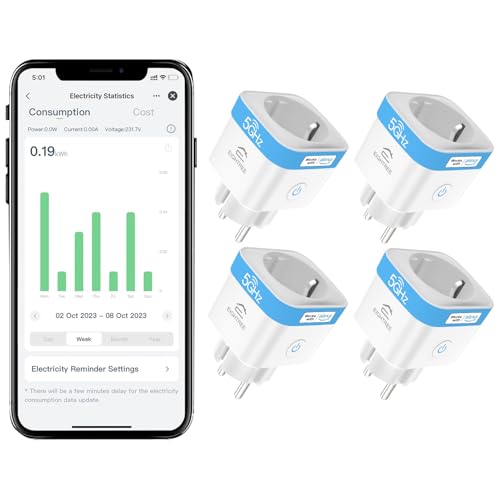 EIGHTREE Prise Connectée WiFi 2.4G/5GHz, Prise Intelligente Programmable, Compatible avec Alexa/Google Home, Suivi de Consommation, Contrôle Appli/Voix, 16A 3680W, Type F, 4PCs