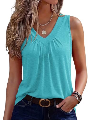 Image of Zeagoo Womens Tank Tops Summer Sleeveless Loose Fit Tops V Neck Pleated Shirts Basic Tees Dressy Casual Trendy Clothes