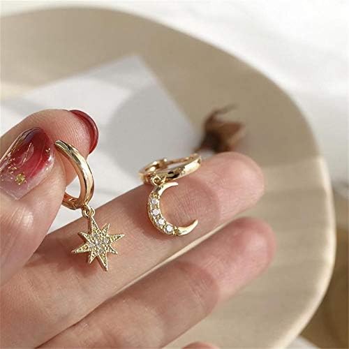Small Dangle Hoop Earrings, Cute Star Moon Gold/Silver Mini Huggie Hoop Earrings with Charm for Women Ear Piercing Simple Jewelry Gift for Birthday Valentine's Day and Mother's Day