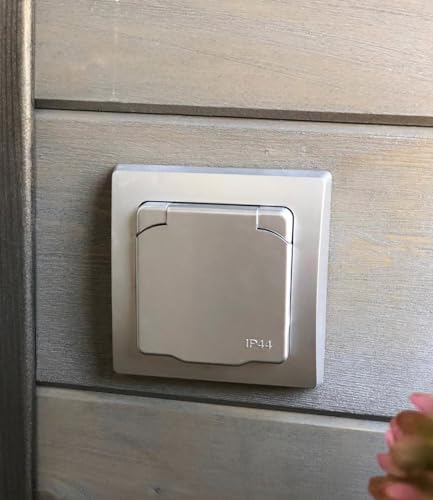 DELPHI Steckdose Unterputz IP44 Feuchtraum-Steckdose mit Schutz-Deckel Aussensteckdose mit Gummidichtung für Küche Bad Terrasse Balkon Grau Silber