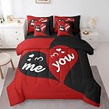 Erosebridal You and Me Bed in a Bag Queen Comforter Set 7 Piece,Red and Black Love Heart Bedding Set,Romantic Wedding Sheet Set Valentines Day Decorations,Couple Gifts for Him and Her