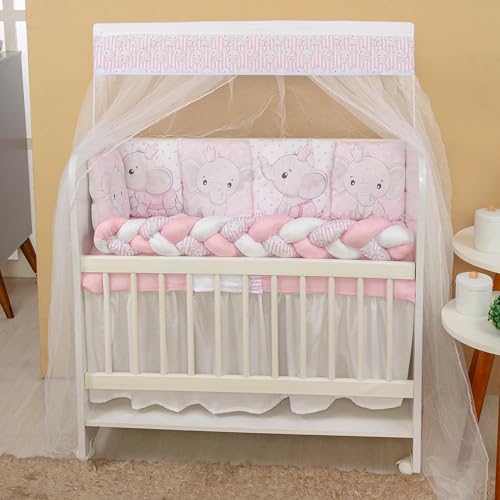 Kit Mini Berço Elefantinha 13 Peças Protetor e Saia de Berço Rosa e Branco Estampa Delicada