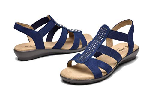 Vjh Confort Women's Flat Sandals With Rhinestone Open Toe Elastic Slip On Slingback Comfort Casual Walking Sandals (Navy,7) #TOP5