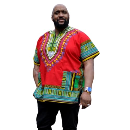 JTAPHRIQUE Camicia Dashiki multicolore rosso e blu brillante da uomo, elegante camicia tradizionale africana, top africano alla moda per le donne,, rosso, blu e multicolore, XXL