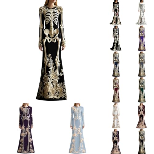 Halloween Dresses for Women 2026 Funny Floral Print Spooky Skeleton Dress - image 1