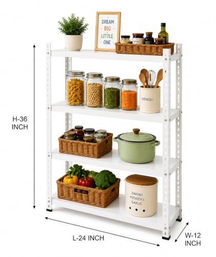 Image of Perfect Rack 4 Shelf Multipurpose Steel Storage Rack for Home, Kitchen, Bedroom, Office & Store | Heavy Duty Metal Shelving Unit | 36 Inch Height x 24 Inch Length x 12 Inch Width cover (white)