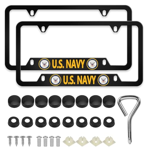 2 Pcs New Aluminum Thin Top for U.S. Navy License Plate Frame,4-Hole Narrow Top Matte Black for USN Car Licenses Plate Covers Holders Frames for Plates with Screw Caps
