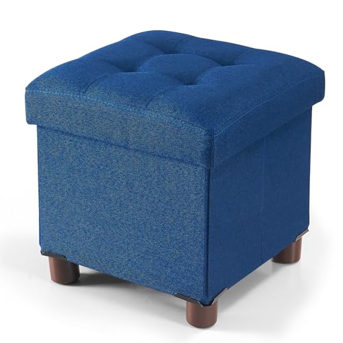 BRIAN & DANY Reposapies Salon 32x32x32.5cm, Lino Reposapies Sofa de Almacenamiento Tapizado en Esponja con Patas de Madera Maciza, Azul
