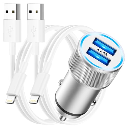 Caricatore Auto iPhone con 2x Cavo Lightning [Apple MFi], USB Accendisigari Auto Caricabatterie Auto Cellulare Adattatore Presa Accendisigari USB per Apple iPhone 14 13 12 11 Pro Max/XS/X/8/7/6