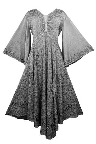 Agan Traders Women's 2025 Sping Bohemian Medieval Renaissance Embroidered Bell Sleeve Flared Calf Length Dress Gown