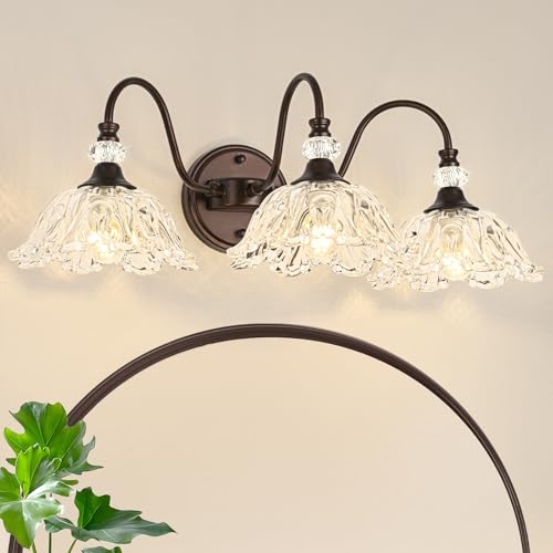 Image of Oil Rubbed Bronze Finish Bathroom Vanity Light, 3-Light Vintage Vanity Light with Floral Clear Glass Shades, Retro Wall Mount Lighting for Bathroom, Dressing Table