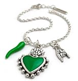 OUTLETISSIMO® Collar de la suerte con colgantes de cuerno, corazón y mano, cuernos verdes verdes, estilo vintage ET292