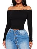 TZLDN Women Off The Shoulder Tops Lace Trim Top Long Sleeve Crop Top Going Out Party Sexy Black S