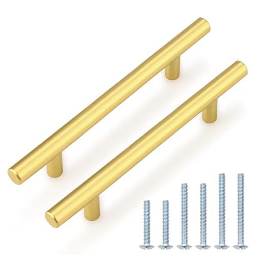 Image of Probrico 10 Pack 5 Inch Center-to-Center Kitchen Cabinet Pulls T Bar Gold Cabinet Handles Modern Drawer Hardware Dresser Pulls, 7-1 /2 inch Total Length