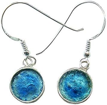 Niibuhr JewelryRound Blue Earrings in 925 Sterling Silver with 2000 year Historic Ancient Roman Glass | Unique Roman Empire History | Handmade Artisan Jewellery for Women | Archeological Glass Fragments