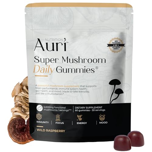 Auri Nutrition Super Mushroom Daily Gummies – All-in-One Functional Gummy with 12 Mushroom Blend...