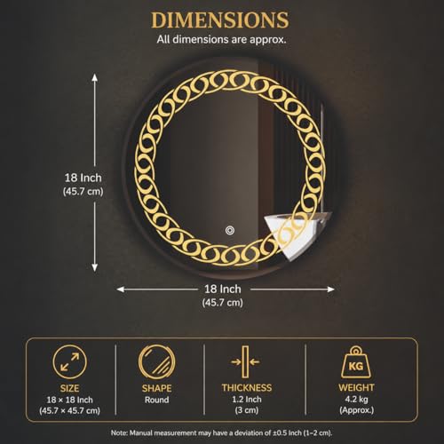 Image of LED Bathroom Wall Mirror with Decorative 3 Light Design | Touch Sensor | Warm | Natural and Cool White | for Wash Basin | Bedroom | Dressing Area Decoration (Round, 18x18)