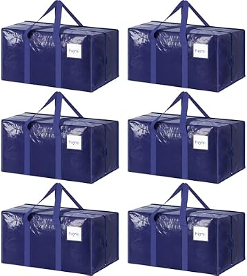 6 Pack Extra Heavy Duty Large Moving Bags with Strong Zipper & Comfortable Handles, Sturdy & Durable Clothes Storage Bags Totes Bins, Blue Packing Moving Boxes for College Supplies, Dark Blue