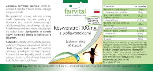 Fairvital | Resveratrol 100mg - Complejo antoxidante - Resveratrol + Quercetina + OPC y Rutina - 90 cápsulas - Calidad Alemana