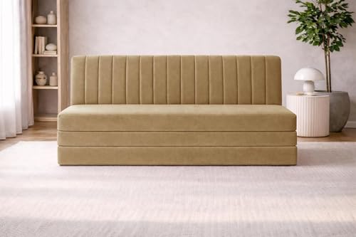 Image of Rosebell -Three Seater Armless Sofa Cum Bed with Backrest | Soft Velvet Fabric Finish | Modern Living Room & Bedroom -Golden-Color