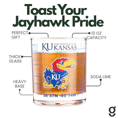 Image of Greenline Goods University of Kansas Jayhawks Whiskey Glasses Set of 2, 10 oz Rocks Glasses with Full-Color Logo & Campus Map - Officially Licensed Bourbon Glass Gift for Alumni & Fans