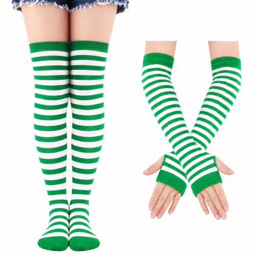 Image of Black and White Striped Arm Leg Warmers Sleeves Set Rainbow Socks Knee High Fingerless Gloves Hand Thigh Warm