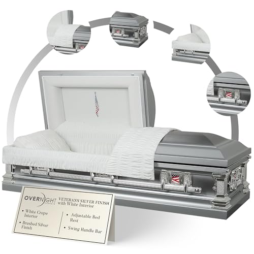 Overnight Caskets Veterans Metal Funeral Casket Silver with White Crepe Interior - Premium 18-Gauge Steel - Fully Appointed Adult Casket - Coffin Featuring Velvet Interior Lining w/Pillow & Throw Set