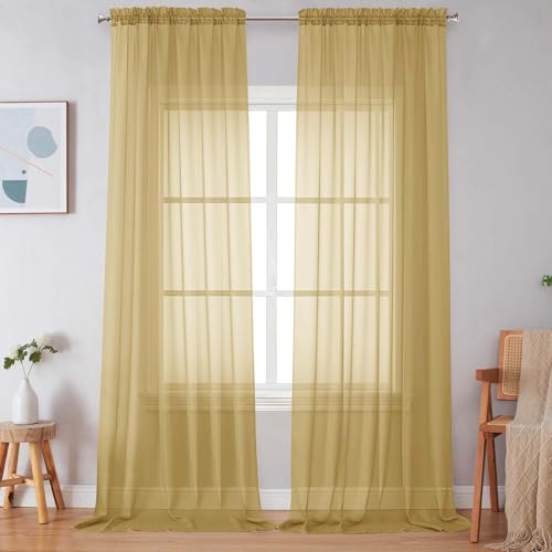 Image of Simplebrand Gold Sheer Curtains 108 Inches Long, Extra Long Rod Pocket Solid Color Window Sheer Curtain Panels, Elegant Curtains & Drapes for Living Room, Bedroom 2 Panels (Gold, 59 inch W x 108 inch L)