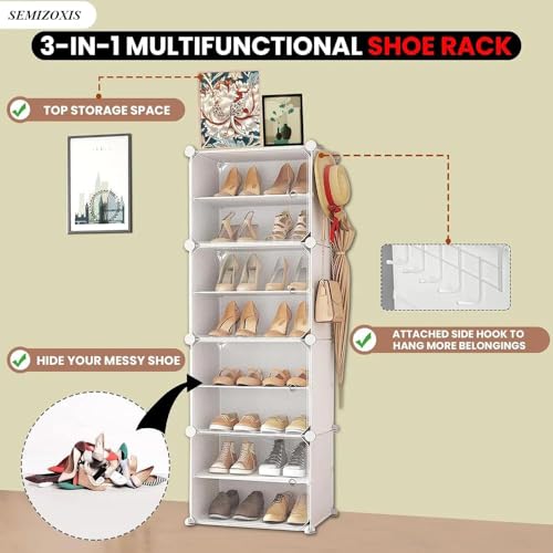 Image of Sunderlook Shoe Rack Plastic for Home- Shoe Stand, Chappal Stand, Professional Multipurpose Foldable Standing Comfort Runner Shoe Rack with Door, Slipper Stand (Off White, 7 Shelf 4 Door)