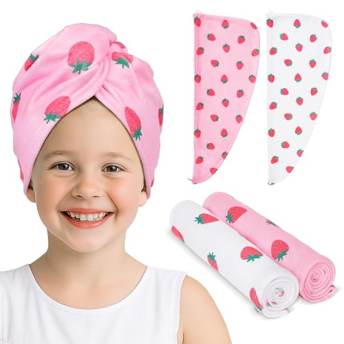 Unicorn Castle Microfiber Hair Towel for Kids 2Pack Hair Wrap Towels Absorbent Hair Drying Towel Wrap Hair Turbans for Curly Thick Hair Pink White Strawberry