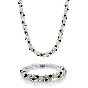 Gem Stone King 17 Inch White Cultured Freshwater Pearl and Black Crystal Necklace + Bracelet Set 7 Inch