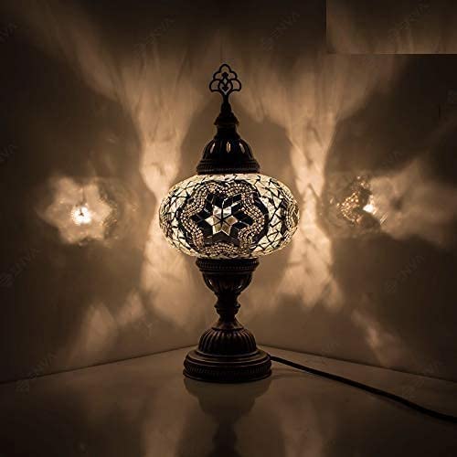 ENVA Turkish Moroccan Style Mosaic Multicoloured Desk Table Lamp, Bronze Base, Unique Light Large Globe (3015)